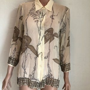 Laure’l 100% Silk Cream/Gray Floral Blouse Women’s Size 34(XS) 3/4 Sleeves Shirt